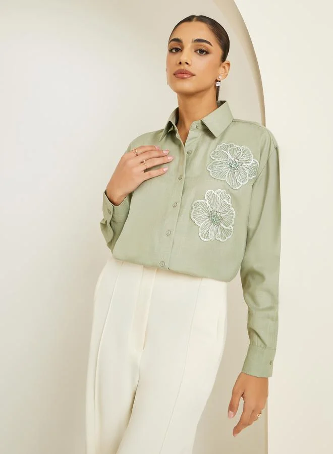 Styli Women Green Floral Embroidered Long Sleeve Shirt